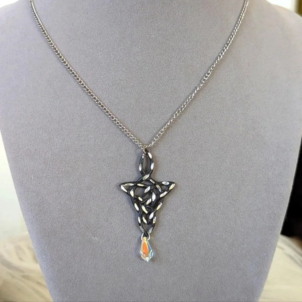 Celtic Knot & Teardrop Crystal Necklace- 18" chain- Black metal